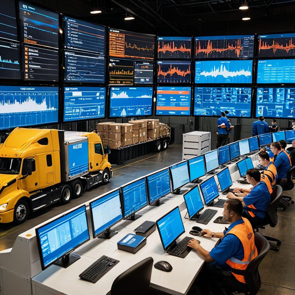 A dynamic scene showcasing a bustling freight logistics operation, featuring trucks being loaded with cargo and a digital load board interface in the foreground displaying real-time freight options. Include a diverse group of logistics professionals collaborating and analyzing data on tablets and computers, with a vibrant city skyline in the background. Emphasize a sense of connectivity and efficiency in freight management. super-realistic. vibrant colors.
